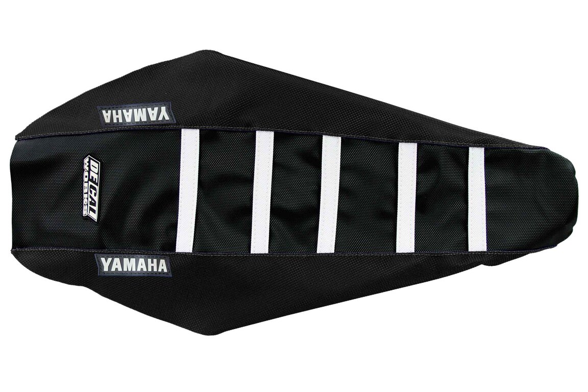 DeCal Works Black Black White with Yamaha logo Gripper Ribbed Seat Covers for 02-22 Yamaha YZ125, YZ250