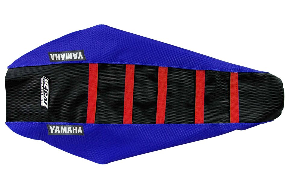 DeCal Works Blue Black Red with Yamaha logo Gripper Ribbed Seat Covers for 18-24 Yamaha WRF, YZ250F, YZ450F dirt bikes