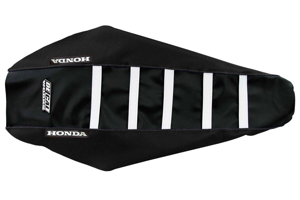 DeCal Works Black Black White with Honda logo Gripper Ribbed Seat Covers for 07-25 Honda CRF150 dirt bikes