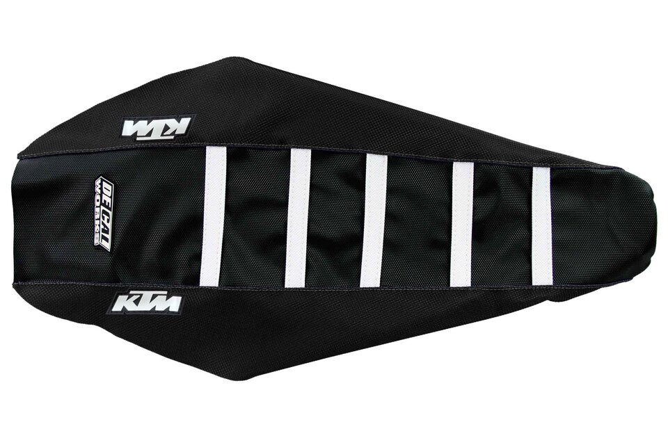 DeCal Works Black Black White with KTM logo Gripper Ribbed Seat Covers for 22-25 KTM EXCF, SMR, SX, SXF, XC, XCF, XCW, XW