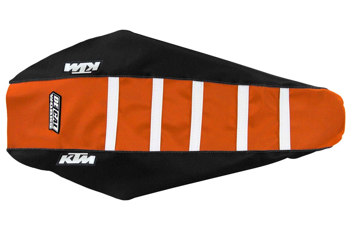 DeCal Works Black Orange White with KTM logo Gripper Ribbed Seat Covers for 18-23 KTM EXC, EXCF, SMR, SX, SXF, XC, XCF, XCW