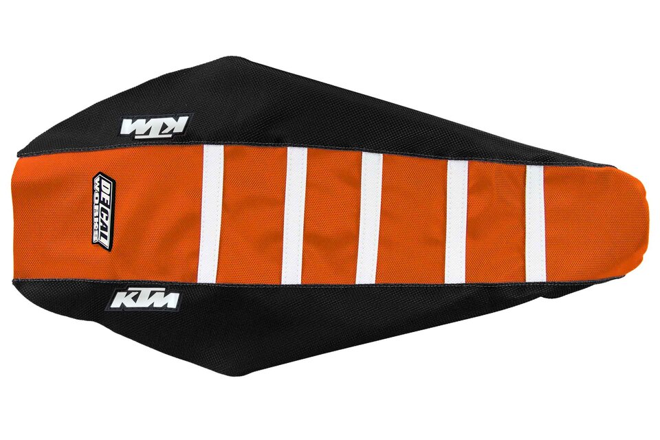 DeCal Works Black Orange White with KTM logo Gripper Ribbed Seat Covers for 15-19 KTM EXCF, EXC, SX, SXF, XC, XCF, XCW dirt bikes