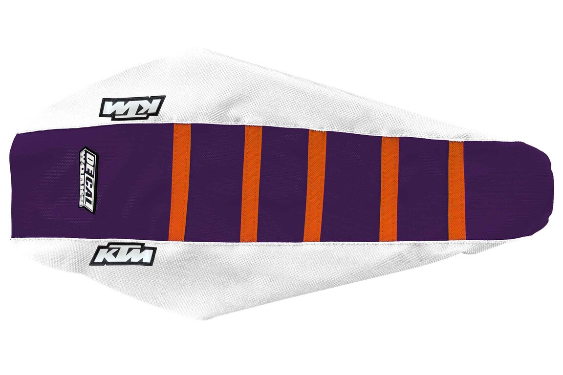 DeCal Works White Purple Orange with KTM logo Gripper Ribbed Seat Covers for 18-23 KTM EXC, EXCF, SMR, SX, SXF, XC, XCF, XCW