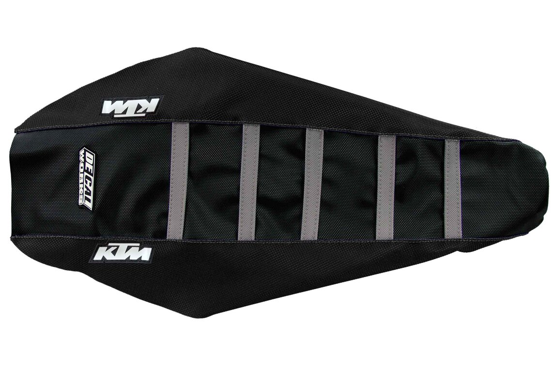 DeCal Works Black Black Grey with KTM logo Gripper Ribbed Seat Covers for 18-23 KTM EXC, EXCF, SMR, SX, SXF, XC, XCF, XCW