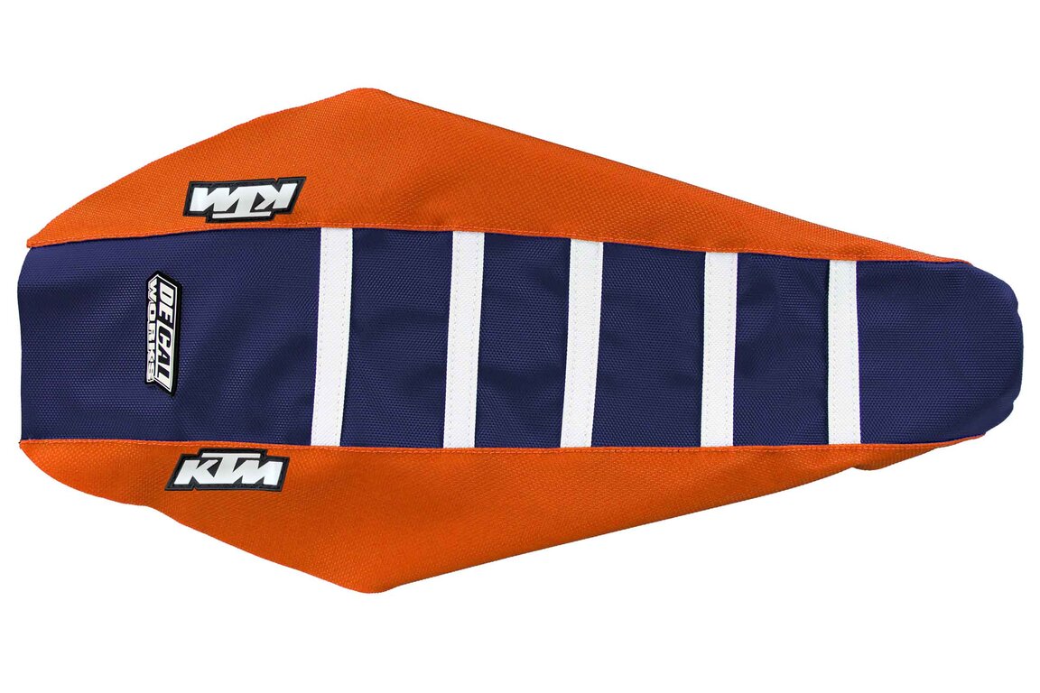 DeCal Works Orange Navy White with KTM logo Gripper Ribbed Seat Covers for 15-19 KTM EXCF, EXC, SX, SXF, XC, XCF, XCW