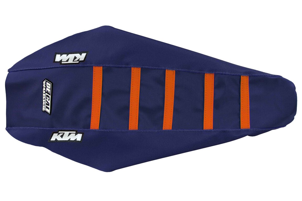 DeCal Works Dark Blue Dark Blue Orange with KTM logo Gripper Ribbed Seat Covers for 22-25 KTM EXCF, SMR, SX, SXF, XC, XCF, XCW, XCW300 Factory Edition, XW