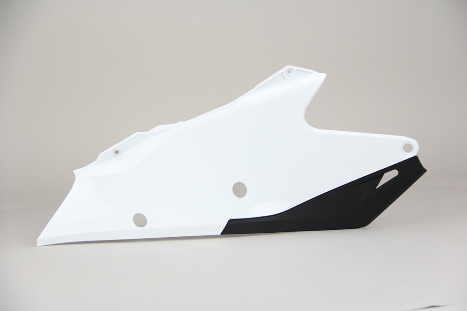 Right Side UFO Vented White Side Number Plates with Airbox Cover replacement plastics for 21-23 GasGas EC, EX, EXF, MC, MCF dirt bikes.