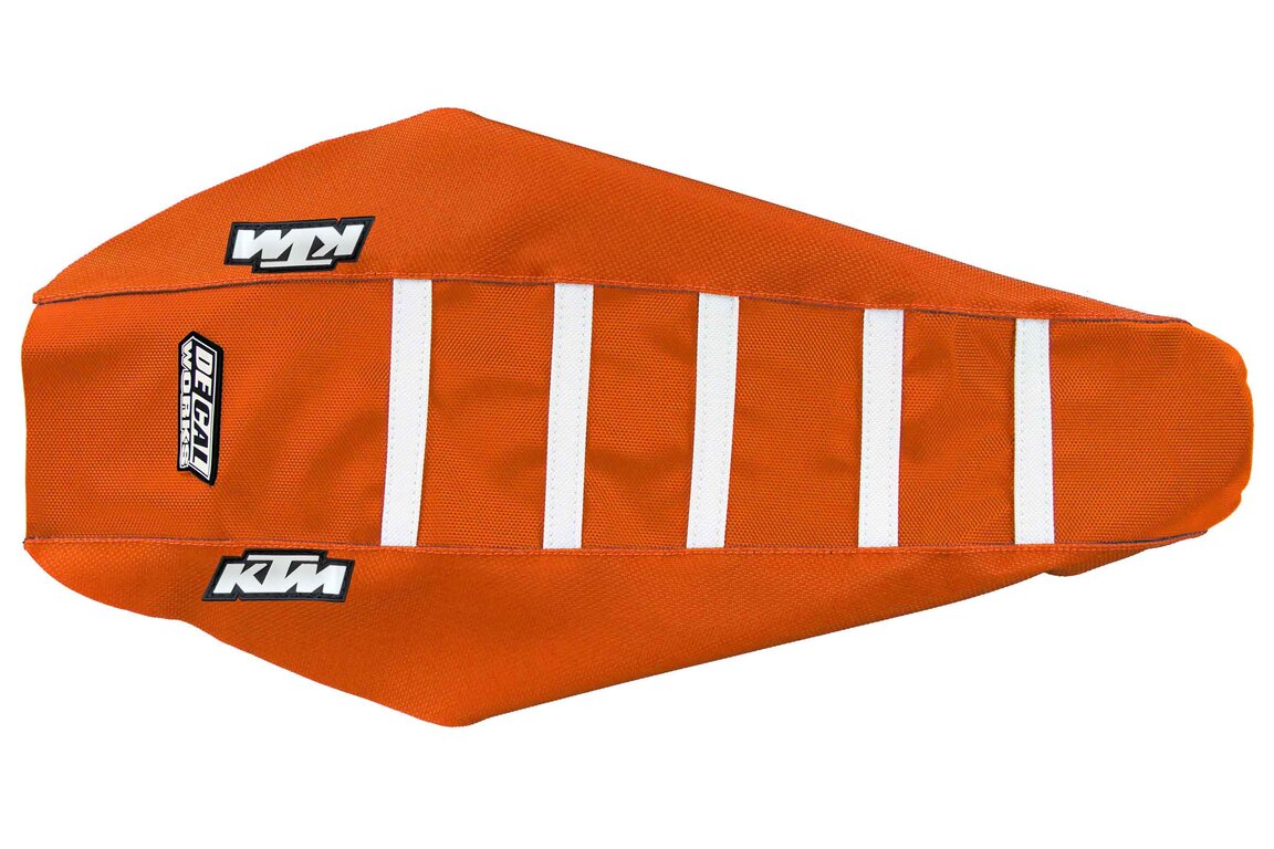 DeCal Works Orange Orange White with KTM logo Gripper Ribbed Seat Covers for 22-25 KTM EXCF, SMR, SX, SXF, XC, XCF, XCW, XCW300 Factory Edition, XW