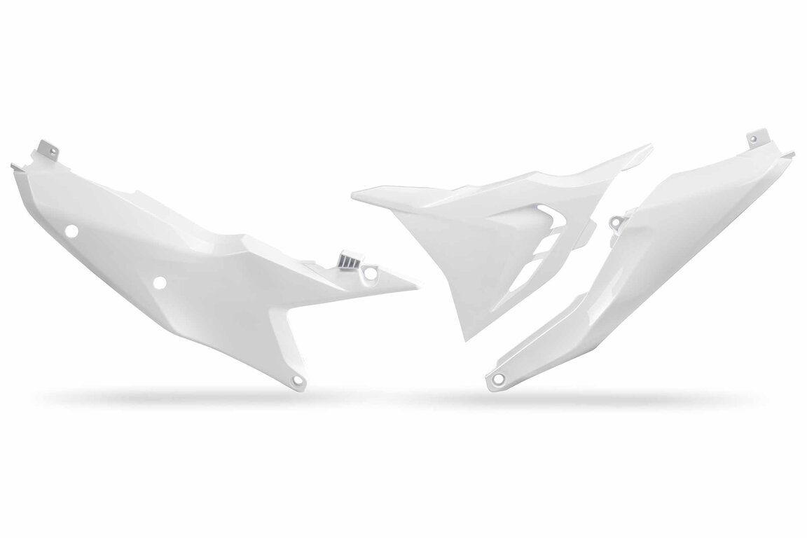 UFO Ceramic White Vented Side Number Plates with Airbox Cover for 22-25 KTM EXCF, SMR, SX, SXF, XC, XCF, XCW, XCW300 Factory Edition, XW