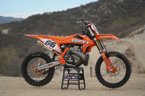 Vital MX KTM SX250 2-Stroke Test Bike Side View with DeCal Works Vertex Orange Custom MX Decals