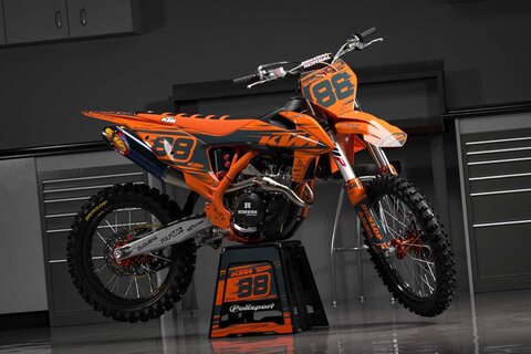 DeCal Works Think It. Create It. 221 Design Dirt Bike Graphics. Solid Orange and Grey Design with Dubya Logo.