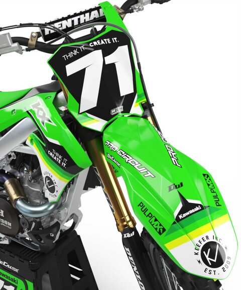 DeCal Works Think It. Create It. Dirt Bike Graphics 223 Design in Solid Green and White with Officially Licensed Kawasaki Logos