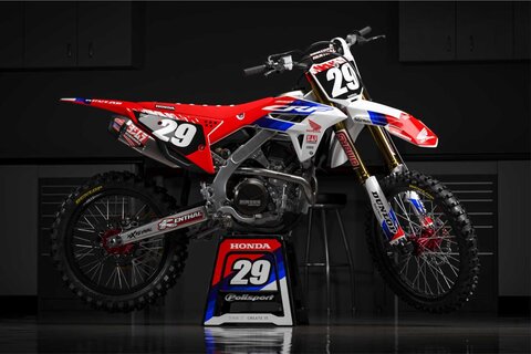 DeCal Works Think It. Create It. Dirt Bike Graphics 224 Design in Red, White and Blue with Officially Licensed Logos on a Bike Stand