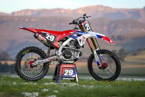 DeCal Works Think It. Create It. Dirt Bike Graphics 224 Design in Red, White and Blue with Officially Licensed yoshimura Logos