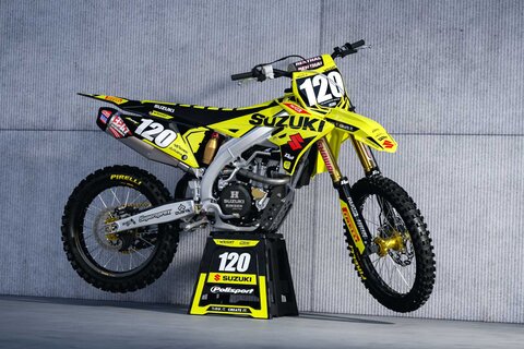 Yellow and black Suzuki RMZ450 Dirt Bike Graphics on Polisport Plastic with Officially Licensed Pirelli Logos