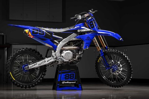 All blue and black MX decals for Yamaha YZF dirt bike on all blue UFO repplacement plastic with FMF Exhaust