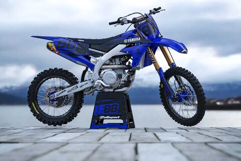 All blue and black MX decals for Yamaha YZF dirt bike on all blue UFO repplacement plastic with KYB Forks