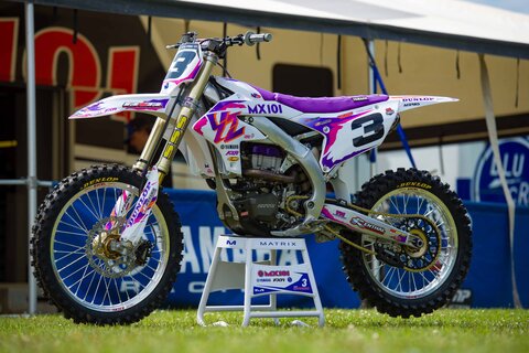 Purple and white throw back yamaha complete dirt bike graphics with #3 
Shawn Maffenbeier side view of YZF dirt bike