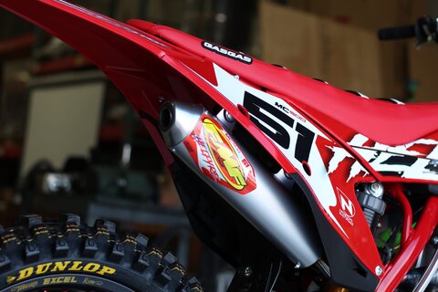 mXrevival HELFYRE GASGAS MC500 Custom Dirt Bike. FMF Custom Chrome Exhaust Decals