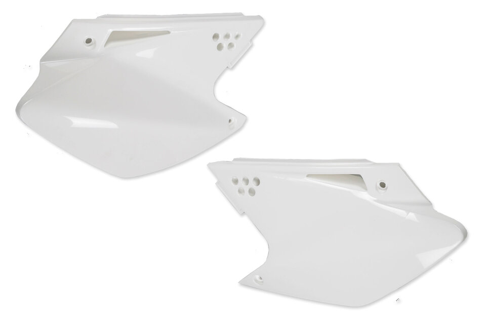 UFO White Side Number Plates replacement plastics for 06-08 Kawasaki KX250F dirt bikes