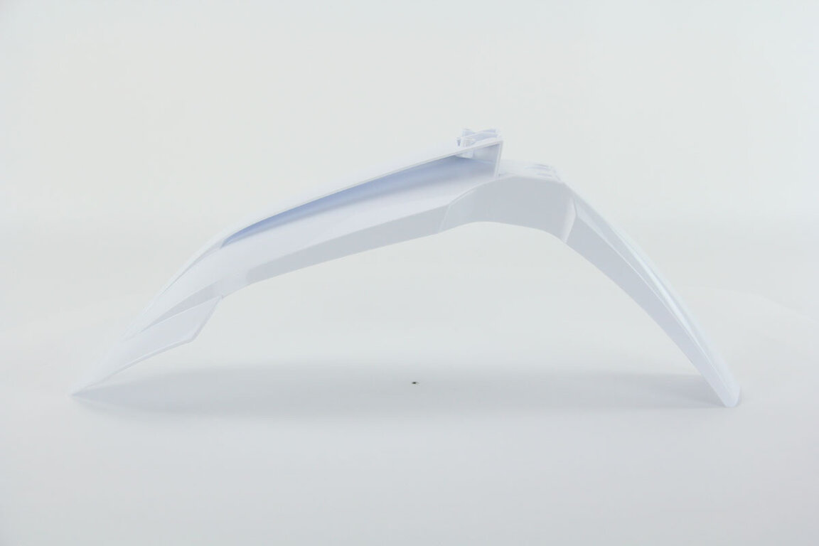 UFO Ceramic White Front Fender replacement plastics for 22-25 KTM EXCF, SX, SXF, XC, XCF, XCW, XCW300 Factory Edition, XW dirt bikes 360 view