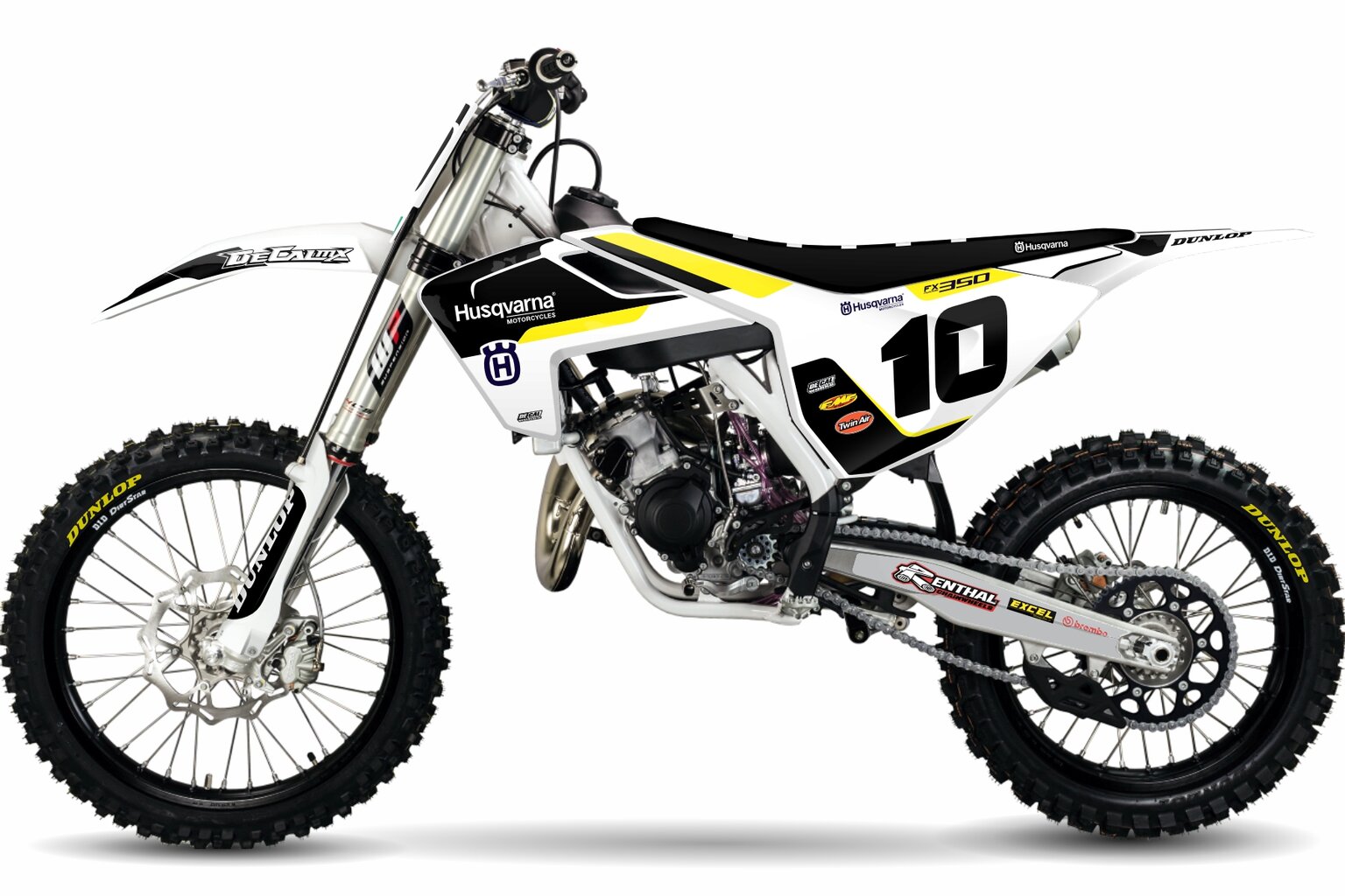 2023 Husqvarna Factory Series 18 Graphics Kit with white decals with yellow dirt bike decals